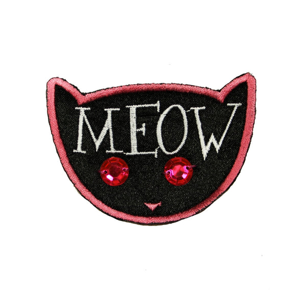 Black Cat Meow Patch Pink Border Jeweled Eyes Cute Embroidered Iron On Applique