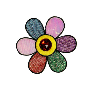 Rainbow Daisy Jeweled Center Patch Flower Shiny Embroidered Iron On Applique