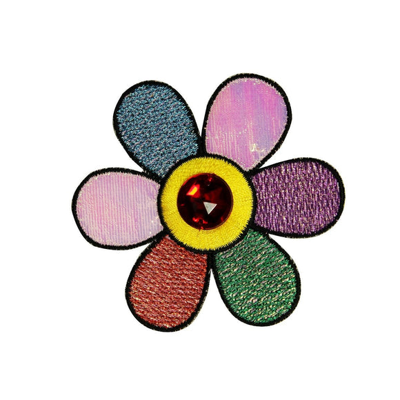 Rainbow Daisy Jeweled Center Patch Flower Shiny Embroidered Iron On Applique