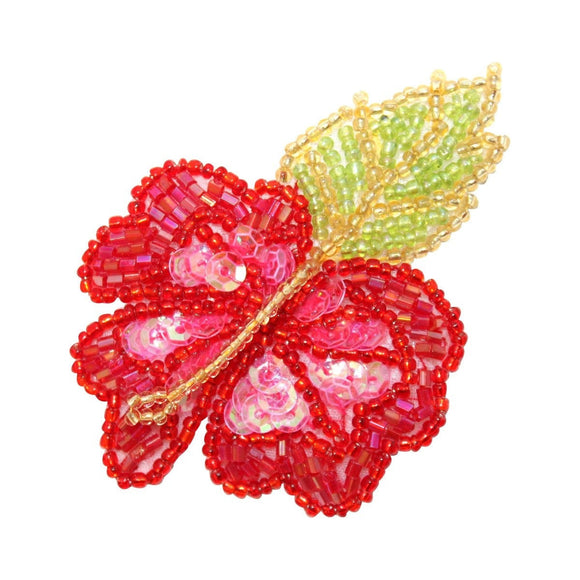 ID 9112 Red Hibiscus Flower Patch Petals Plant Floral Beaded Iron On Applique