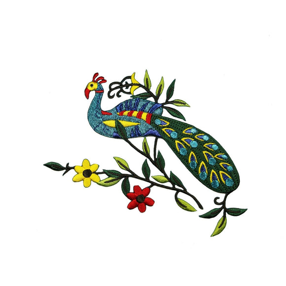ID 0041B Shiny Peacock With Flowers Patch Wild Bird Embroidered Iron On Applique