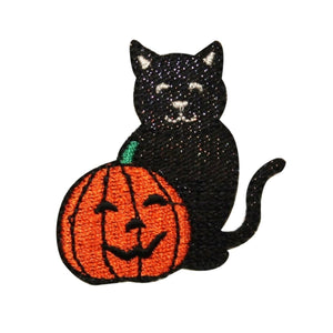 ID 0814 Happy Black Cat and Pumpkin Patch Halloween Embroidered Iron On Applique