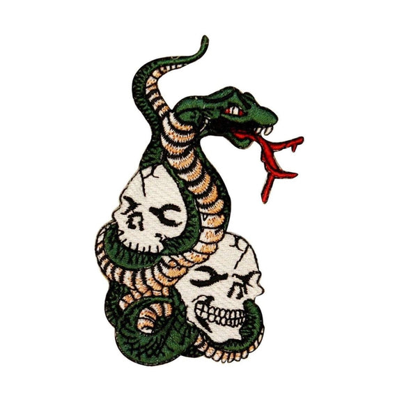 Two Skulls Snake Tattoo Patch Biker Pit Viper Bones Embroidered Iron On Applique