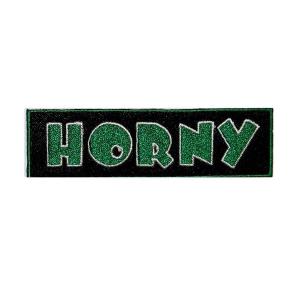 Horny Name Tag Patch Novelty Funny Gag Symbol Embroidered Iron On Applique