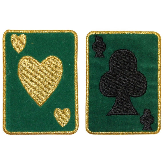 ID 0016AB Set of 2 Cards Clubs Hearts Vegas Poker Hand Embroidered Iron On Patch