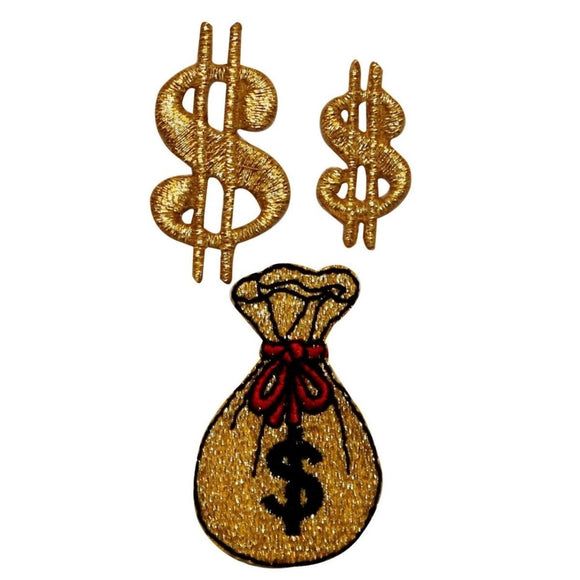 ID 0076ABC Set of 3 Money Sign Bag Patch Gold DIY Embroidered Iron On Applique