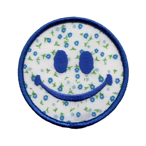 3 Inch Smiley Blue Flowers Iron-On Patch Embroidered Happy Face Sewing Applique