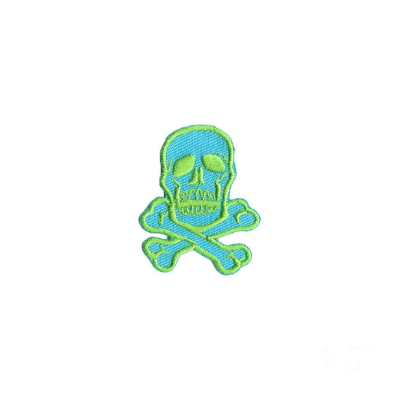 1 1/2 INCH Skull Crossbones Green On Blue Patch Embroidered Iron On Applique