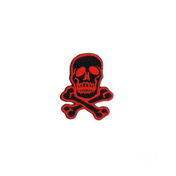 1 1/2 INCH Skull Crossbones Red On Black Patch Bone Embroidered Iron On Applique