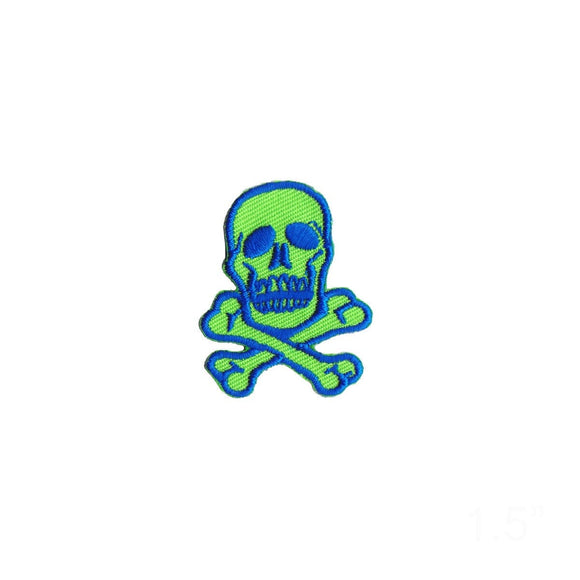 1 1/2 INCH Skull Crossbones Bright Blue On Green Patch Poison Iron On Applique