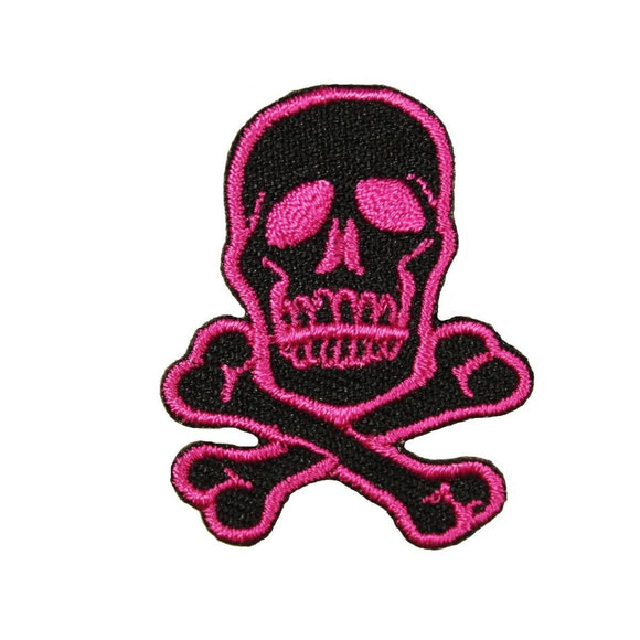 1 1/2 INCH Skull Crossbones Neon Pink On Black Patch Dangerous Iron On Applique