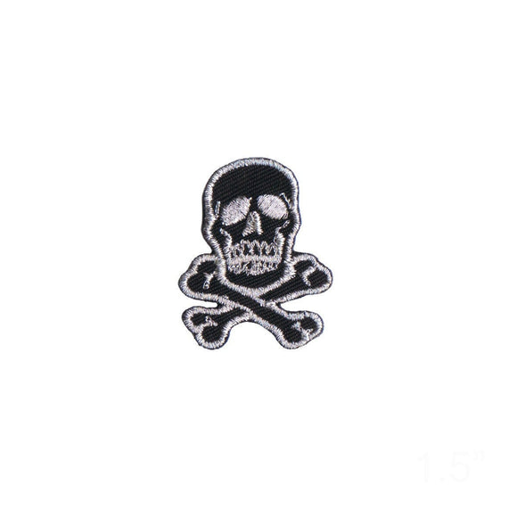 1 1/2 INCH Skull Crossbones Silver On Black Patch Embroidered Iron On Applique