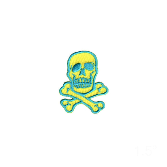 1 1/2 INCH Skull Crossbones Teal On Bright Yellow Patch Poison Iron On Applique