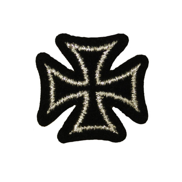 1 Inch Silver On Black Maltese Cross Patch Biker Velvet Embroidered Iron On