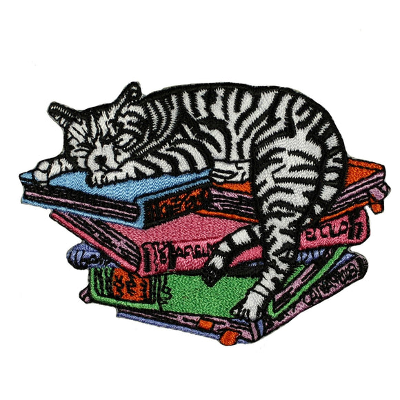 ID 2915 Cat Sleeping On Books Patch Kitten Kitty Embroidered Iron On Applique