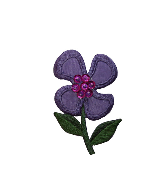 ID 6519 Purple Sequin Flower Patch Wild Garden Grow Embroidered Iron On Applique