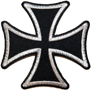 3 Inch Silver on Black Maltese Cross Patch Symbol Embroidered Iron