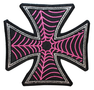 Maltese Cross Pink Spiderweb Kreepsville Embroidered Iron On Applique Patch