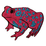 ID 0010 Hot Pink Frog Patch Blue Spots Sitting Amphibian Embroidered Iron On Applique