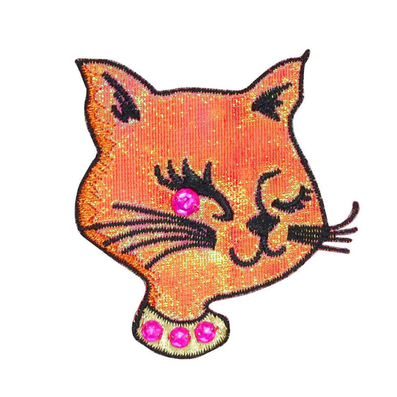 Winking Girl Cat Patch Gem Feline Fancy Kitty Face Embroidered Iron On Applique