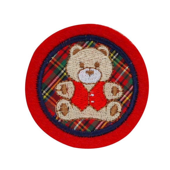 Red Circle Teddy Bear Patch Plaid Badge Stuffed Toy Embroidered Sew On Applique