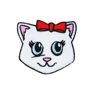 Fuzzy White Cat Face Patch Cute Bow Feline Kitten Embroidered Iron On Applique